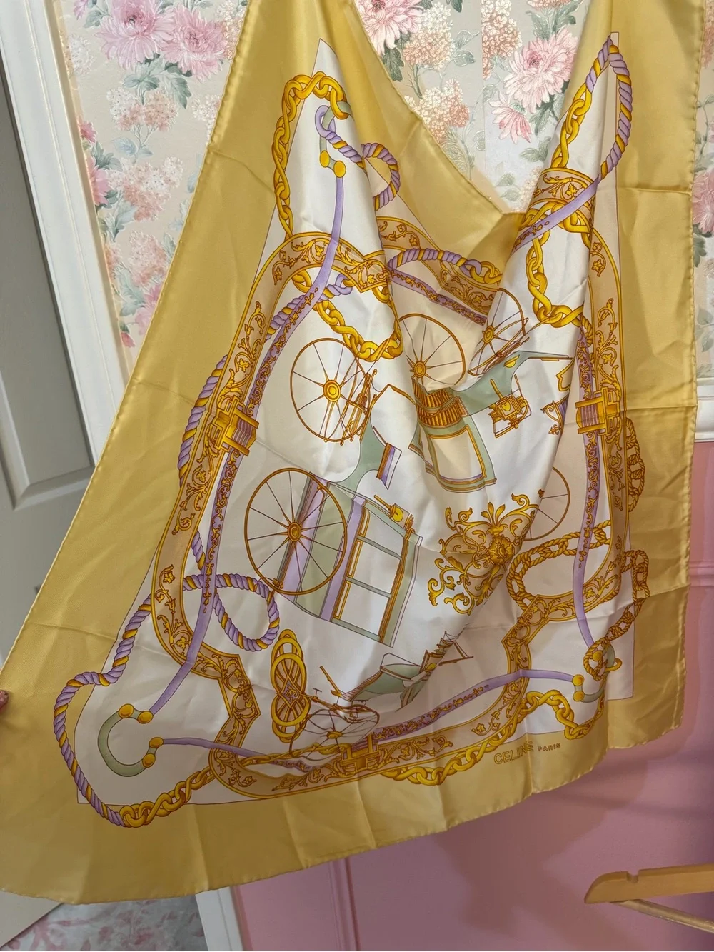 Celine Yellow and Lavender Chain Motif Silk Scarf